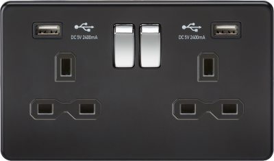 13A 2G switched socket with dual USB charger A + A (2.4A) - Matt black with chrome rockers Rockers