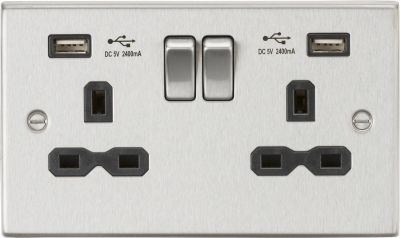 13A 2G switched socket with dual USB charger A + A (2.4A) - Brushed chrome with black insert