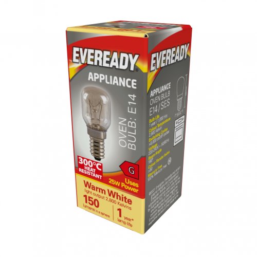 Eveready Oven Lamp E14 (SES) 150lm 25W 2,800K (Warm White), Box Of 1 - 300C Heat Resistant