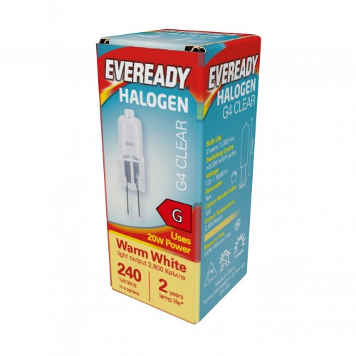 Eveready Halogen G4 Capsule 240lm 20W 2,800K (Warm White), Box Of 1 (S807)