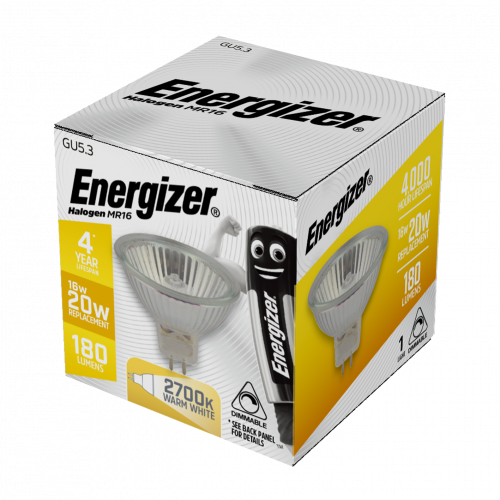 Energizer Halogen MR16 180lm 16W 2,700K (Warm White) Dimmable, Box Of 1 (S5412)